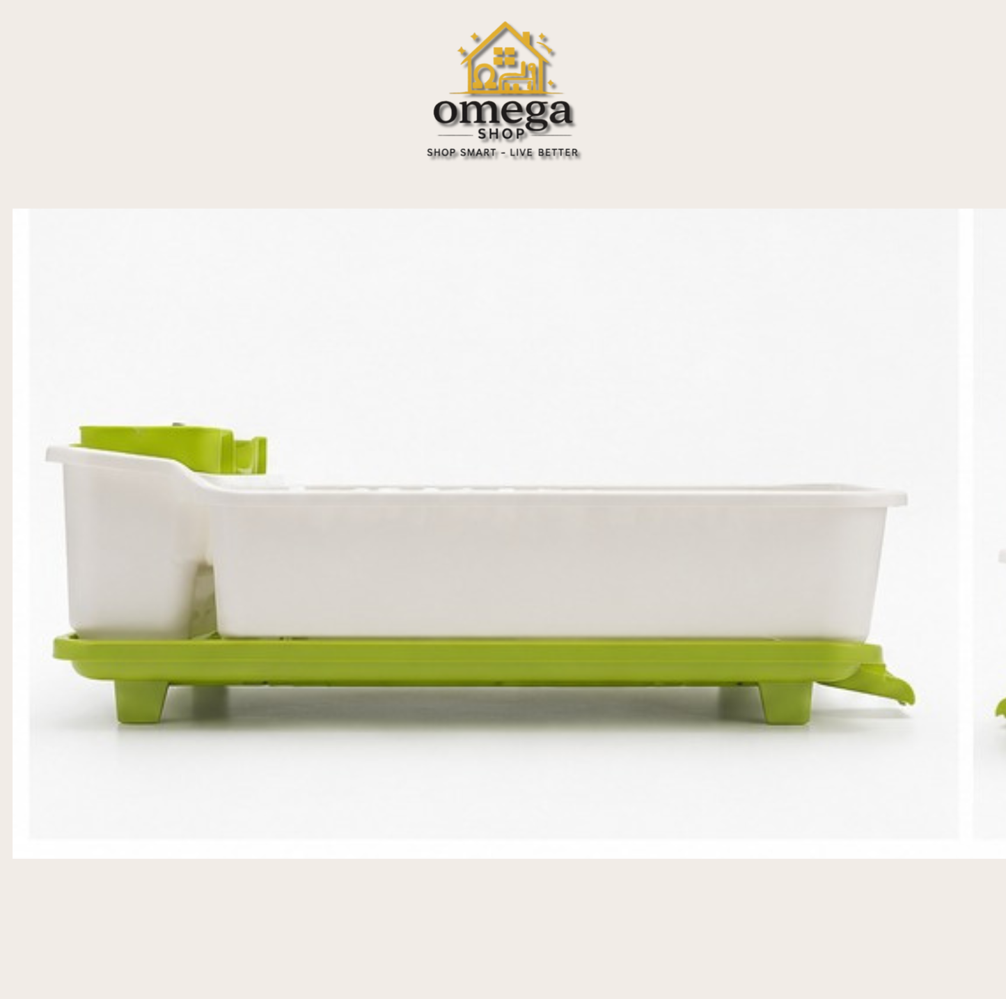 A white plastic baby bathtub with a bright lime green base and matching green accessories, shown against a plain white background with an Omega Shop logo at the top.