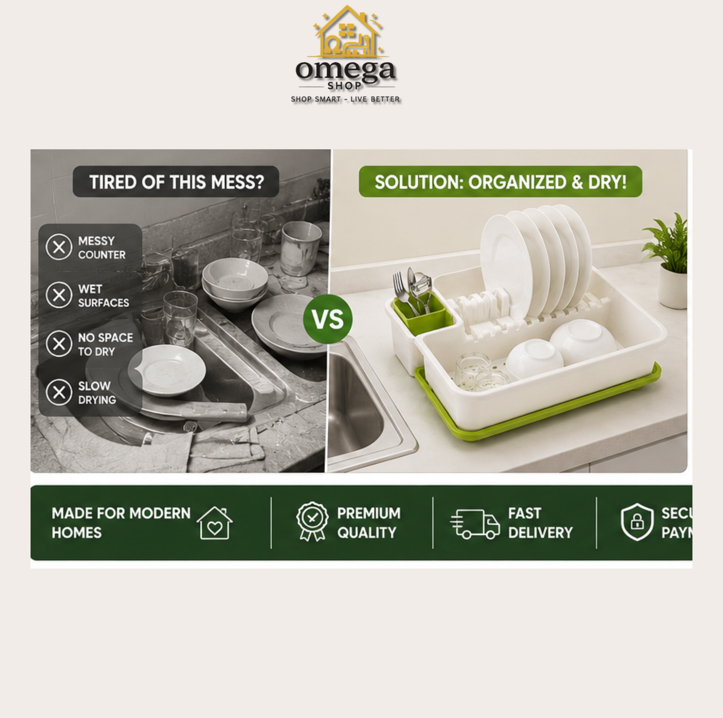 Omega Shark dish drying rack and organizer set shown in a before-and-after comparison layout. The left side shows a messy sink with dishes, and the right side shows the white and green organizer rack holding plates and cups.