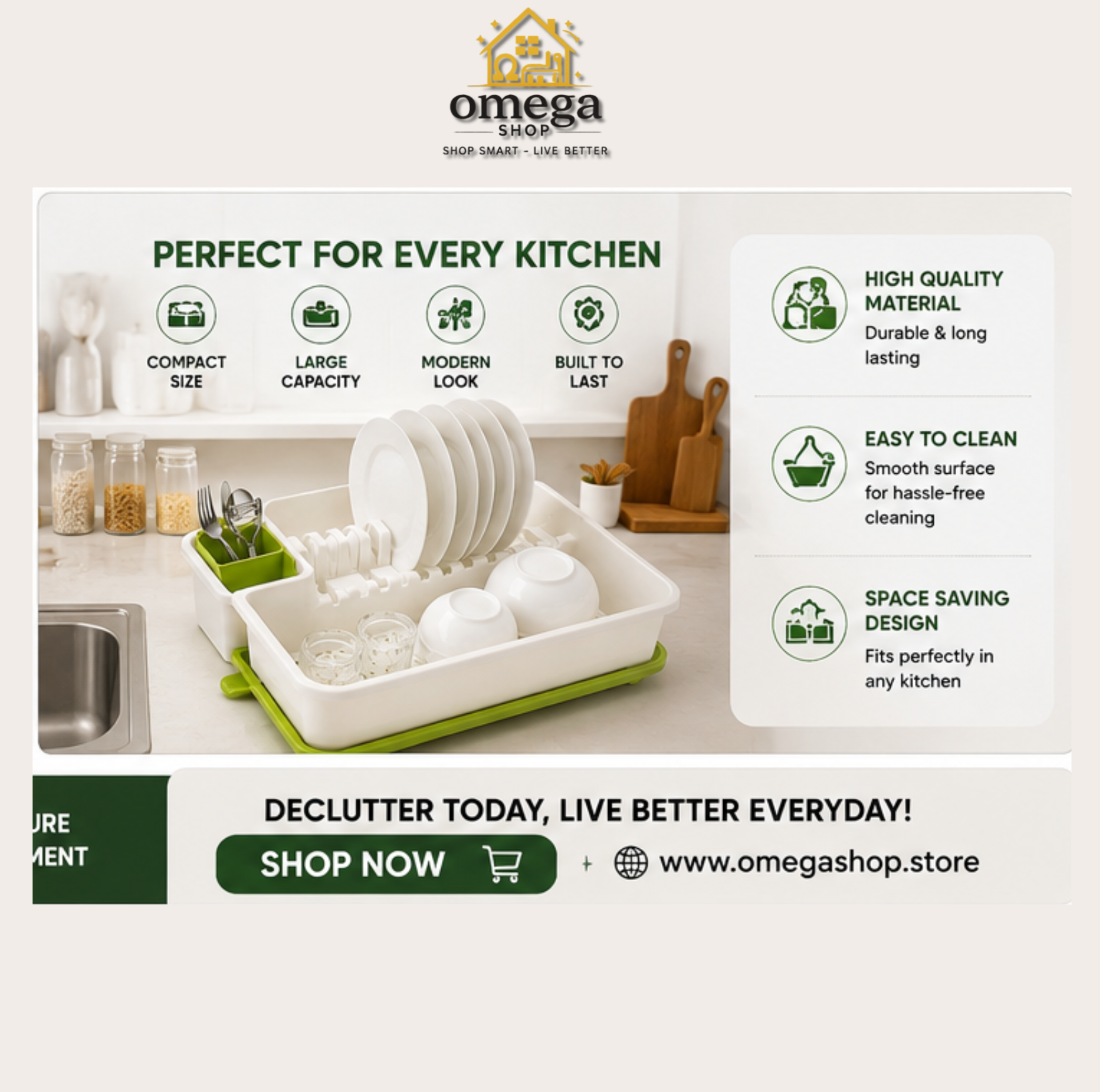 Omega Shop dishwasher rack promotional graphic showing a white and green dish drying tray with plates and cups inside, plus marketing text and kitchen scene imagery.