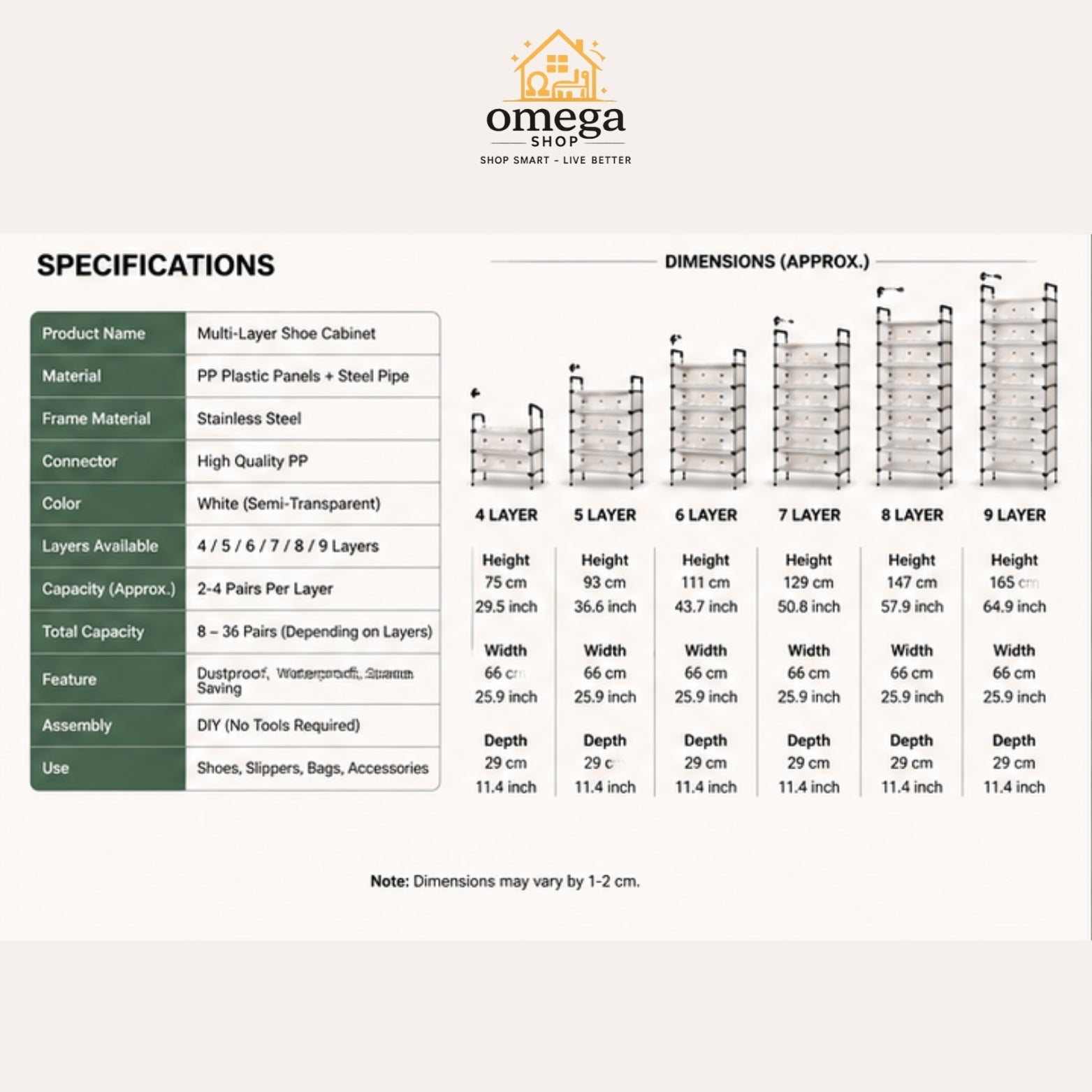 A product specification and dimensions chart for a multi-layer shoe cabinet. The left side contains a table with product details like material, color, capacity, and dimensions, while the right side shows approximate height and depth measurements for cabinet depths ranging from 4 to 9 layers.