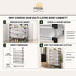 An informational graphic for an Omega Shop multi-layer shoe cabinet, featuring four numbered panels with photos and text explaining benefits like premium cabinet quality, strong durable design, perfect dimensions, and keeping home neat and stylish.