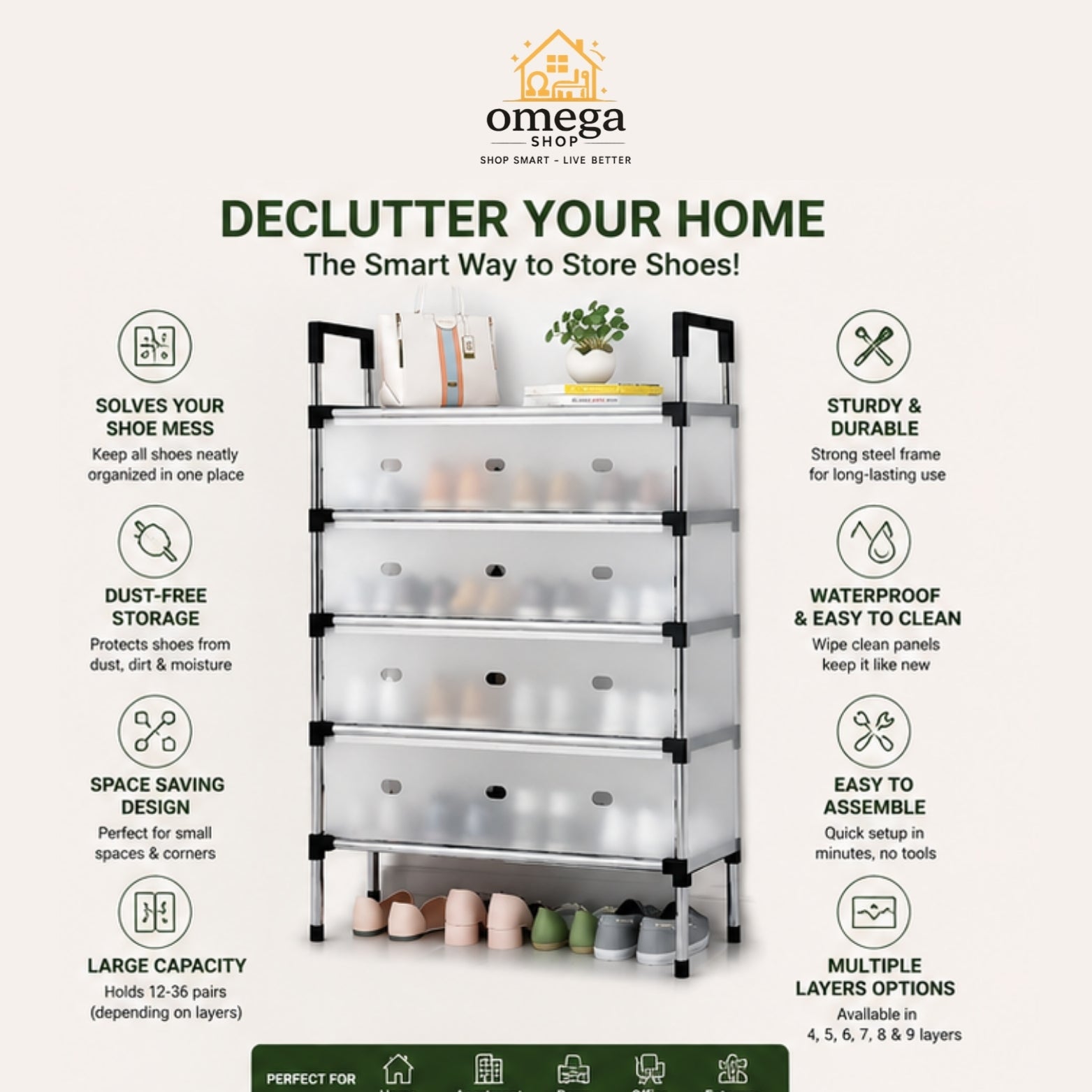 Omega Shop 5-tier shoe organizer rack with black metal frame and clear plastic drawer fronts, shown with surrounding feature callouts on a light beige background.