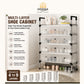 Omega Shop multi-layer shoe cabinet with clear plastic drawers and black metal frame, shown in a home setting with various shoes and accessories inside and on top. Features text highlighting product benefits and layer capacity options.