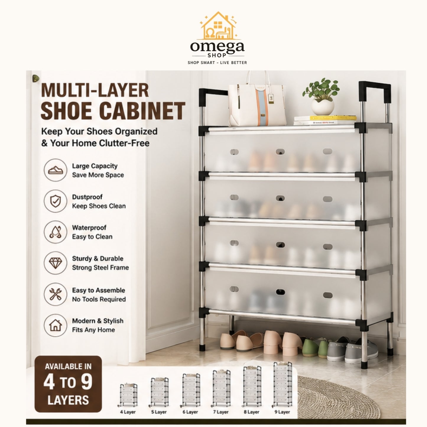 Omega Shop multi-layer shoe cabinet with clear plastic drawers and black metal frame, shown in a home setting with various shoes and accessories inside and on top. Features text highlighting product benefits and layer capacity options.