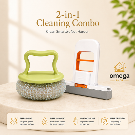 OMEGA 2-in-1 Cleaning Combo | Dishwashing Scrubber Brush & Mini Foldable Sponge Wiper