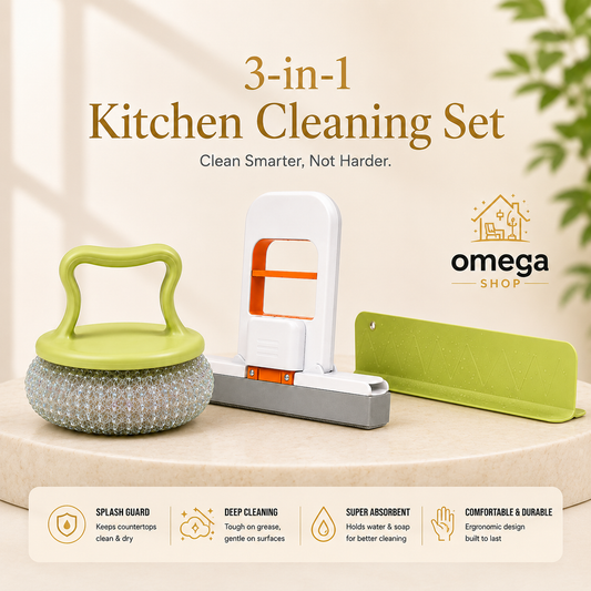 OMEGA 3-in-1 Kitchen Cleaning Set  Dish Scrubber Brush, Mini Foldable Sponge Wiper & Silicone Sink Splash Guard
