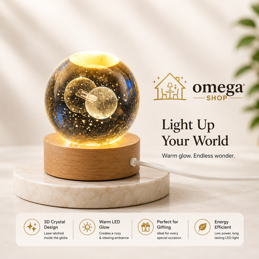 Omega 3D Crystal Globe LED Night Lamp – USB Wooden Base Decorative Moon Light