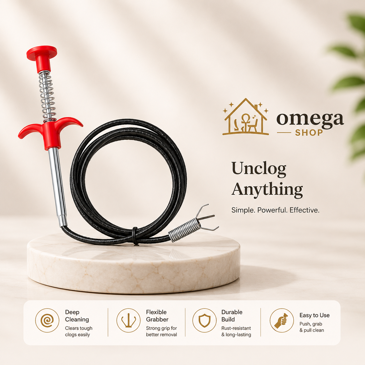 Omega Drain Snake Hair Clog Remover Tool – Flexible Drain Cleaner for Sink, Shower & Bathroom Pipes