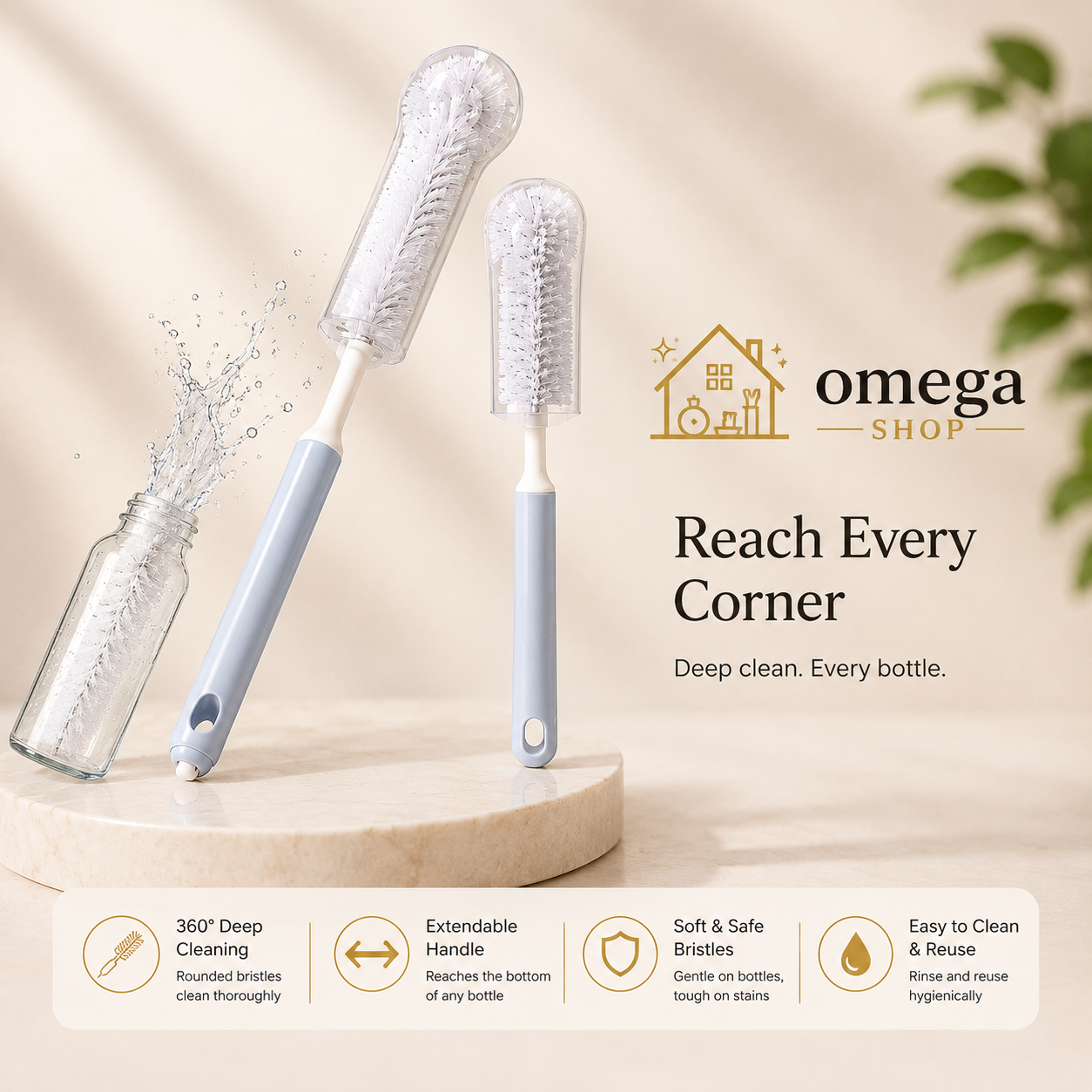 Omega Extendable Bottle Cleaning Brush – Long Handle Brush for Water Bottles, Baby Bottles & Thermos