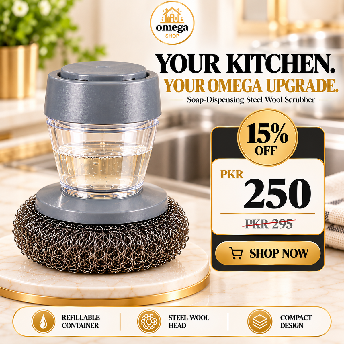 Refillable Soap-Dispensing Steel Wool Scrubber