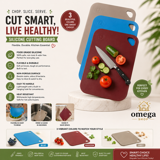 Omega Shop silicone cutting boards shown in three colors: blue, maroon, and gray. The main product displayed is a maroon cutting board with a black-handled knife, sliced vegetables, and a cucumber.