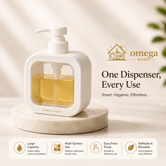 A white rectangular pump dispenser bottle with a clear front window showing yellow liquid inside, placed on a round marble coaster. The image includes Omega Shop branding, marketing text, and feature icons at the bottom on a softly lit beige background.