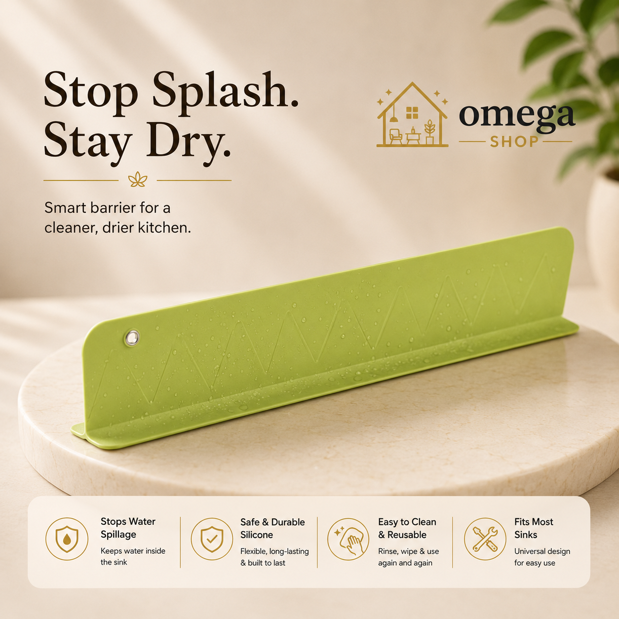 Omega Silicone Sink Splash Guard Water Stopper – Waterproof Kitchen Sink Splash Barrier