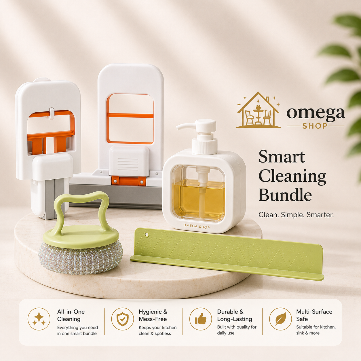 Omega 4-in-1 Kitchen Cleaning Bundle – Mini Foldable Mop, Soap Dispenser, Dish Scrubber & Sink Splash Guard