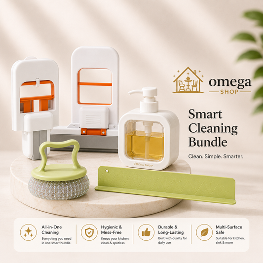 Omega 4-in-1 Kitchen Cleaning Bundle – Mini Foldable Mop, Soap Dispenser, Dish Scrubber & Sink Splash Guard
