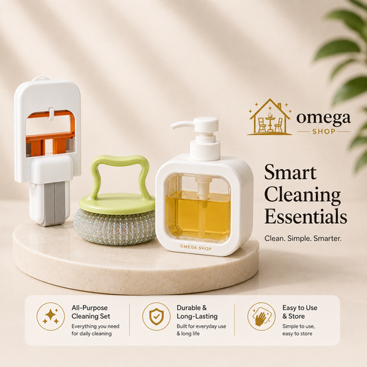 Omega 3-in-1 Kitchen Cleaning Bundle – Soap Dispenser, Foldable Mini Mop & Dish Scrubber Brush