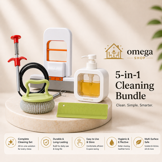 Omega 5-in-1 Kitchen Cleaning Bundle – Mini Foldable Mop, Soap Dispenser, Dish Scrubber, Sink Splash Guard & Drain Clog Remover
