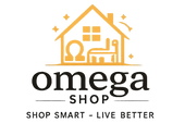 Omega Shop logo in the center, a search bar on the left, category navigation on a black bar below, and promotional banners at the top.