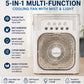 A 5-in-1 multi-function cooling fan with mist and light, shown on a light beige background with feature callouts. The fan is white with a beige front grille and a control panel with five buttons.