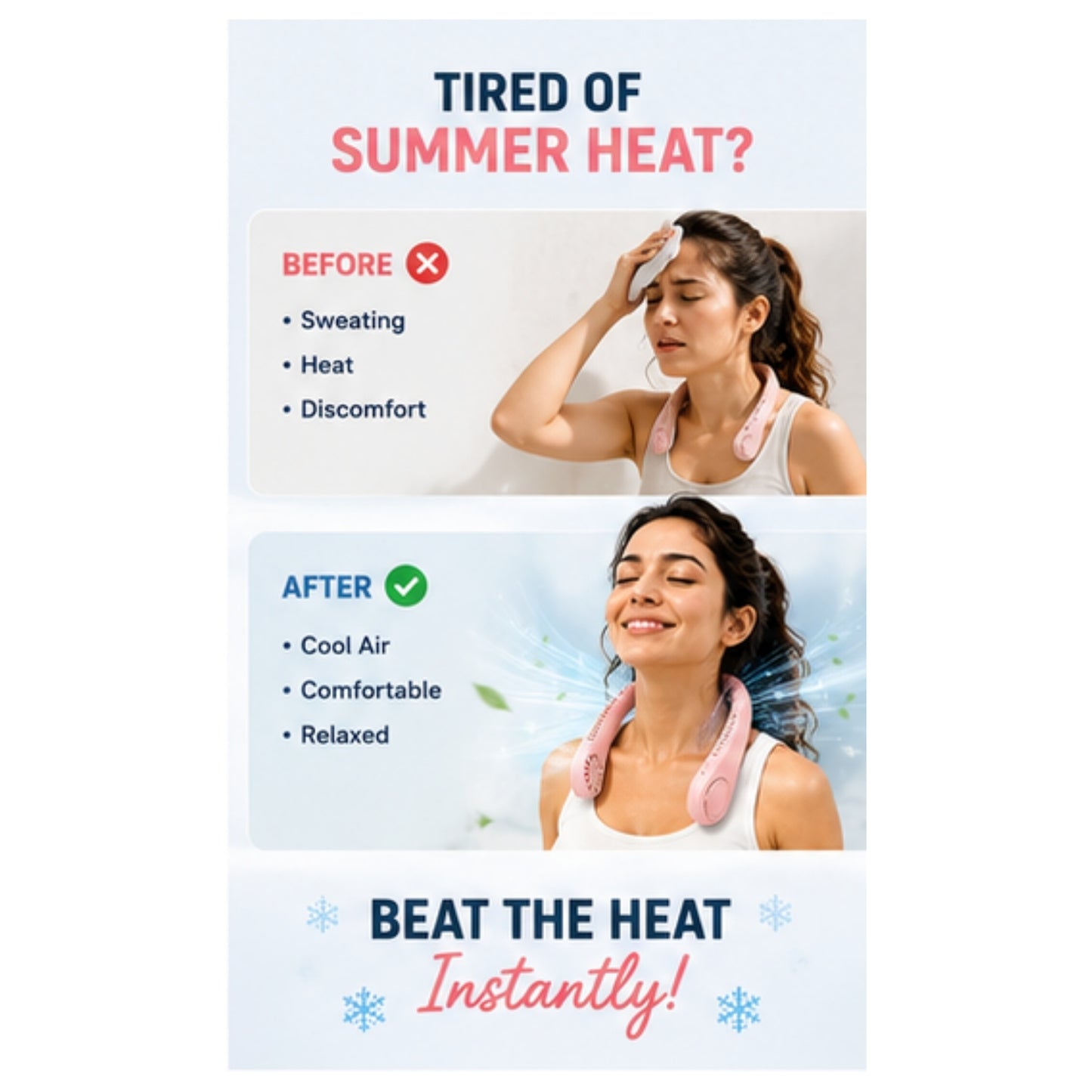 Portable Rechargeable Neck Fan  Hands-Free USB Cooling Fan  3 Speed Personal Wearable Fan