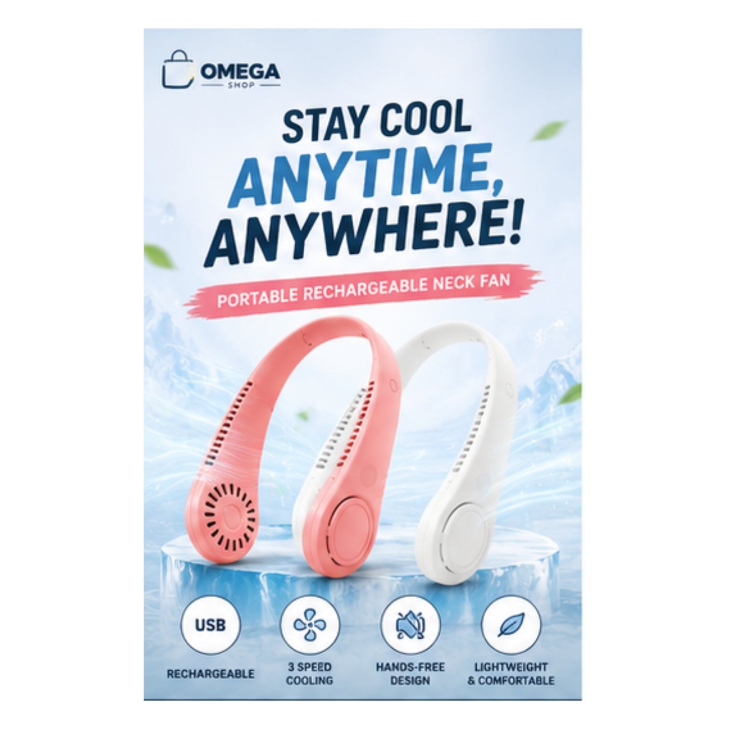Portable Rechargeable Neck Fan  Hands-Free USB Cooling Fan  3 Speed Personal Wearable Fan