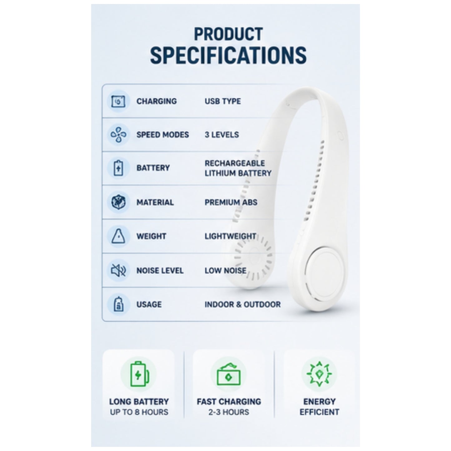 Portable Rechargeable Neck Fan  Hands-Free USB Cooling Fan  3 Speed Personal Wearable Fan
