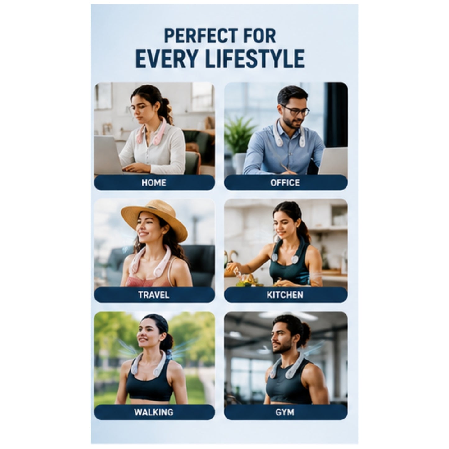 Portable Rechargeable Neck Fan  Hands-Free USB Cooling Fan  3 Speed Personal Wearable Fan