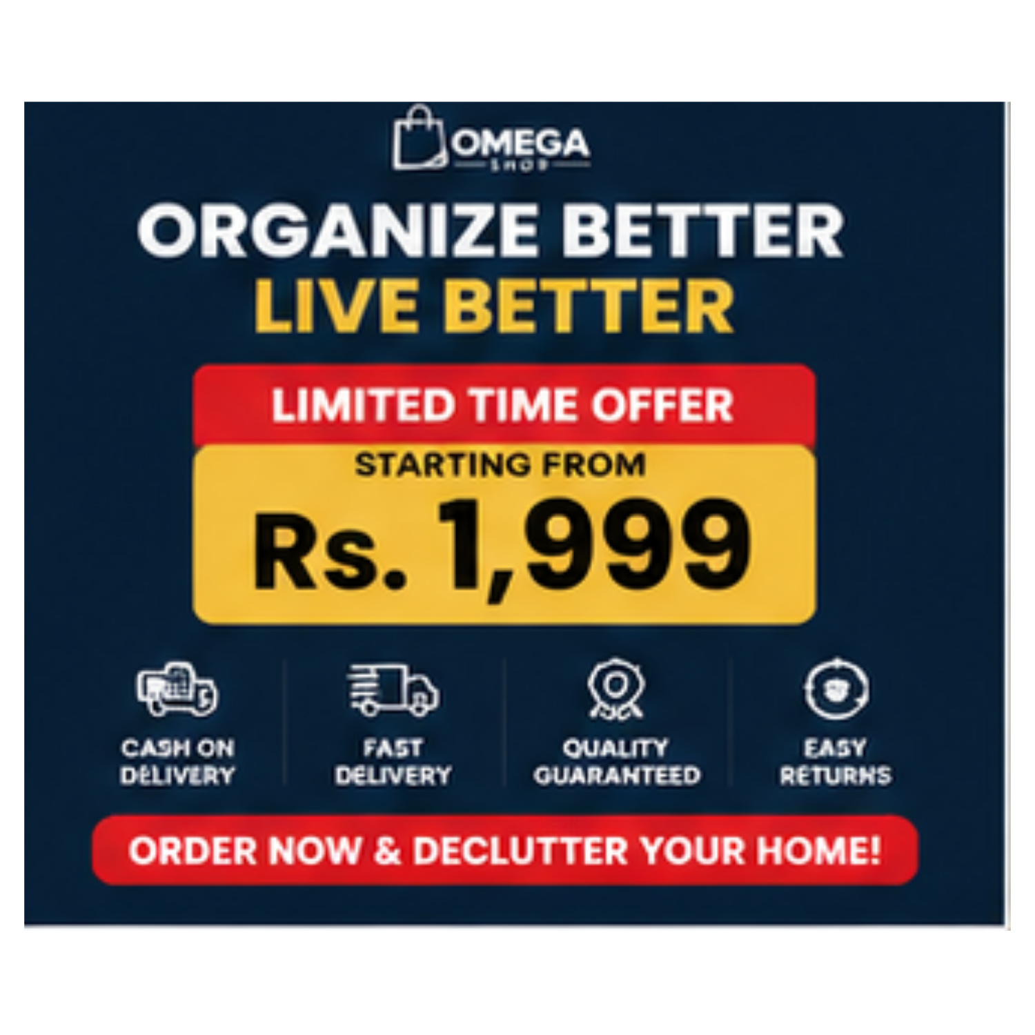 Promotional graphic for Omega Shop offering home decluttering services starting from Rs. 1,999.