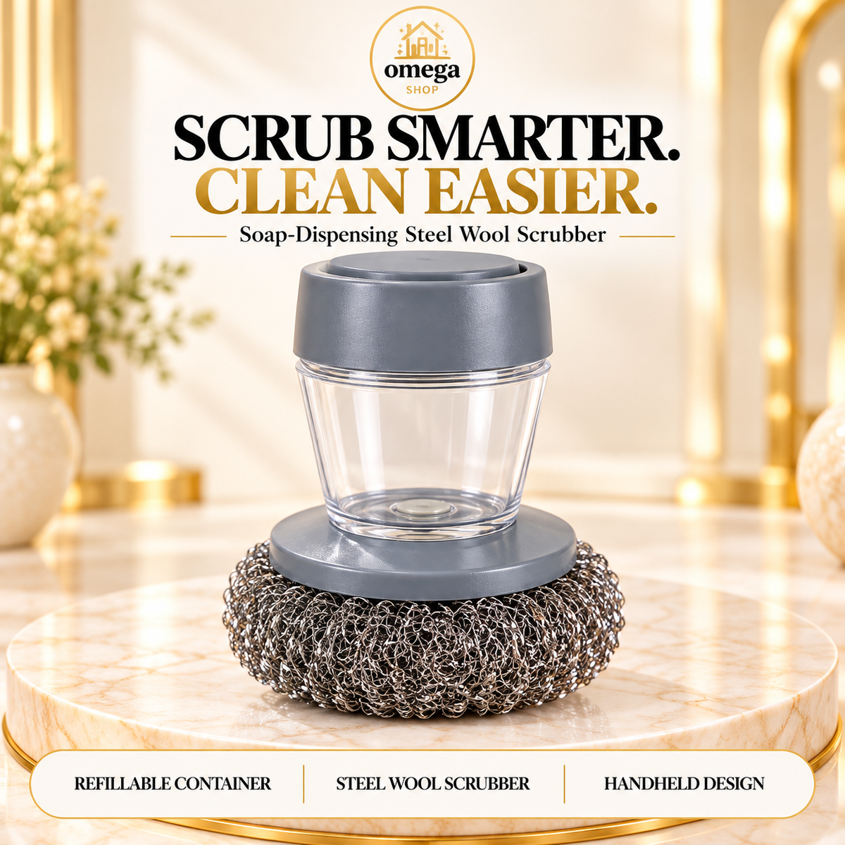 Refillable Soap-Dispensing Steel Wool Scrubber