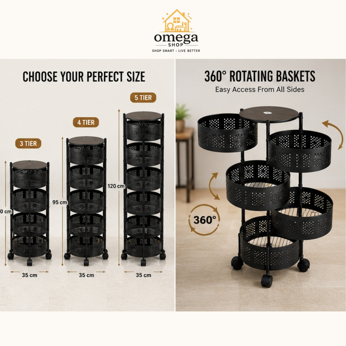Premium Round Rotating Metal Storage Rack with  | 3 Tier, 4 Tier & 5 Tier Kitchen Organizer