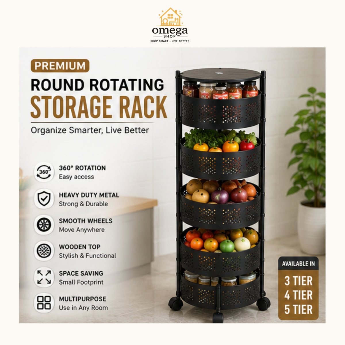 Premium Round Rotating Metal Storage Rack with  | 3 Tier, 4 Tier & 5 Tier Kitchen Organizer