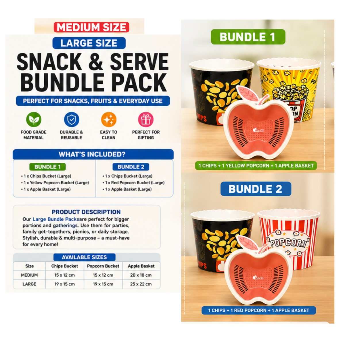 Promotional graphic for a snack and serve bundle pack, showing product information on the left and three product bundle options on the right: Bundle 1 with chips and yellow popcorn, Bundle 2 with red popcorn, and a large apple-shaped container. The image includes text detailing the contents, sizes, and descriptions.