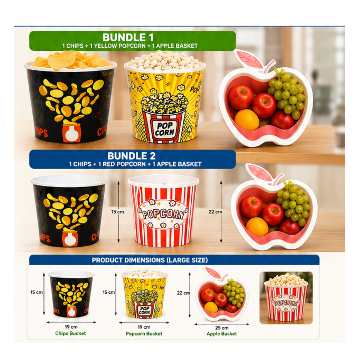 A product bundle infographic showing snack containers: two black popcorn buckets with yellow and red popcorn illustrations, and two apple-shaped fruit baskets filled with red, green, and orange fruits. The graphic includes text for Bundle 1 and Bundle 2, plus a product dimensions section for large size.