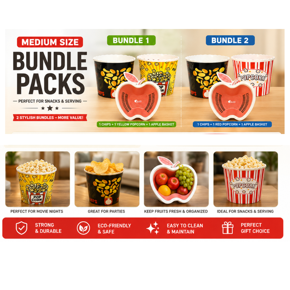 Promotional graphic for apple-shaped popcorn bucket packaging and snack bundles. The top section shows two bundle options labeled Medium Size: Bundle 1 with yellow popcorn and apple basket packaging, and Bundle 2 with red-and-white popcorn and apple basket packaging.