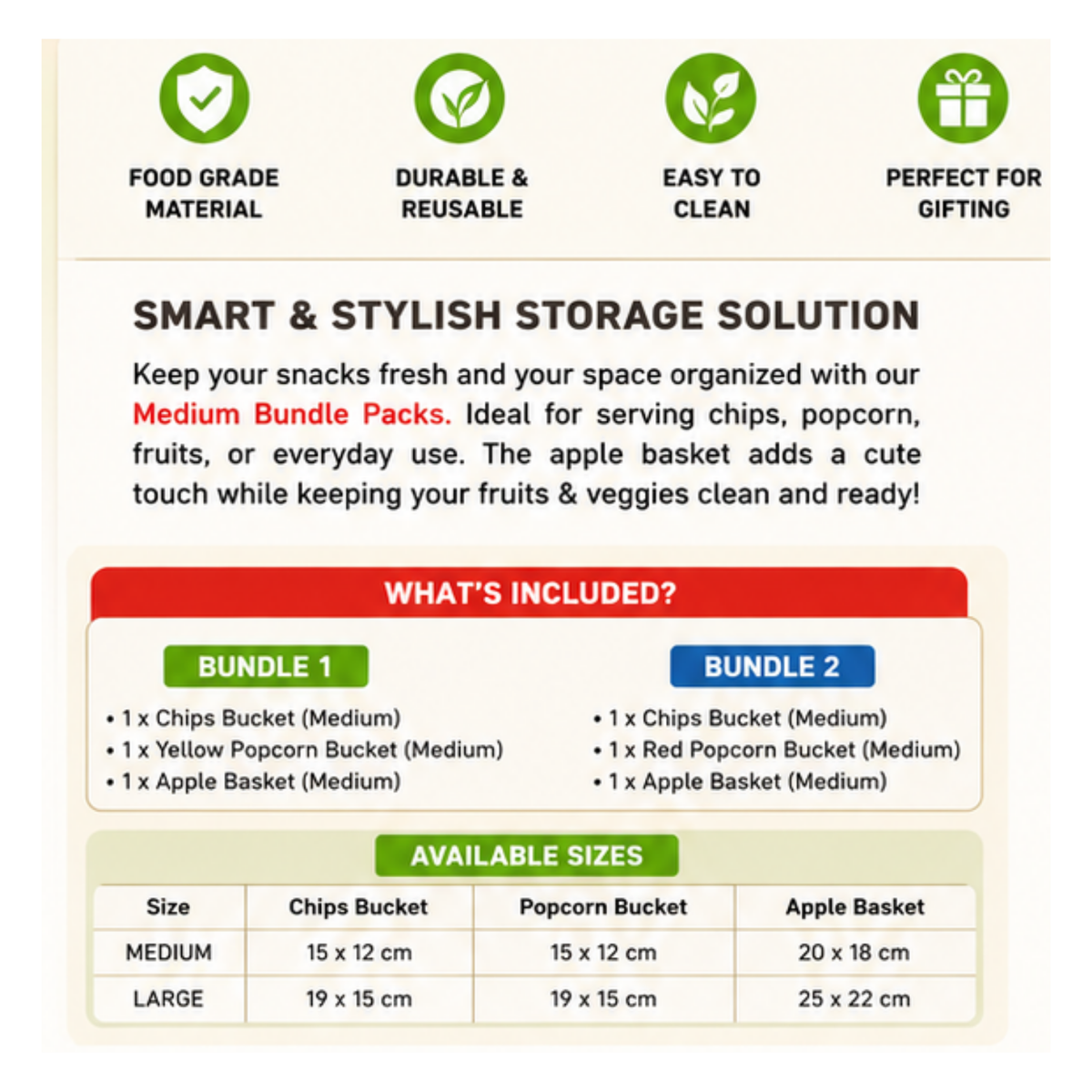 An informational product graphic for a snack storage bundle, showing four green feature icons, descriptive text, two bundle options labeled BUNDLE 1 and BUNDLE 2, and a size table for Chips Bucket, Popcorn Bucket, and Apple Basket.