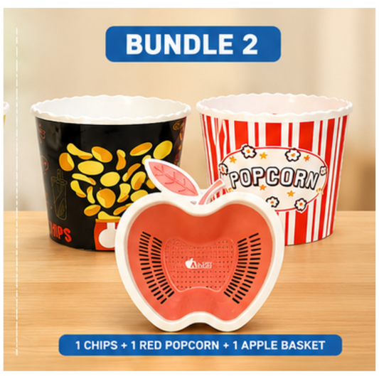 A product bundle set featuring three snack containers: a black cup with yellow chips, a red-and-white striped popcorn bucket, and a red apple-shaped basket in the foreground. Blue text banners at the top and bottom read 'BUNDLE 2' and '1 CHIPS + 1 RED POPCORN + 1 APPLE BASKET'.