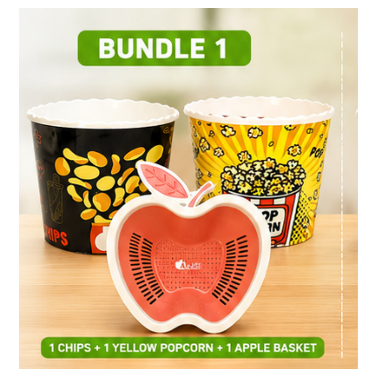 A product bundle set featuring a red apple-shaped basket in the foreground, a black popcorn chip cup behind it, and a yellow popcorn bucket to the right, with text overlays reading 'BUNDLE 1' and '1 CHIPS + 1 YELLOW POPCORN + 1 APPLE BASKET'.
