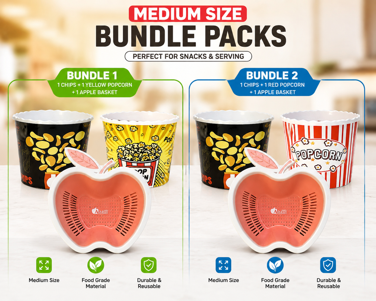 A promotional graphic for a medium-size snack and popcorn bundle pack, showing two bundle options with apple-shaped mesh air freshener holders in front of popcorn cups. Text at the top reads 'MEDIUM SIZE BUNDLE PACKS' and labels the bundles as Bundle 1 with yellow popcorn and Bundle 2 with red popcorn and apple baskets.