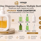 Omega Shop one dispenser countertop organizer shown on a beige promotional graphic. The white square dispenser holds amber liquid and is pictured on a pedestal next to illustrated and real bottles of hand wash, dish soap, lotion, shampoo, body wash, and sanitizer.