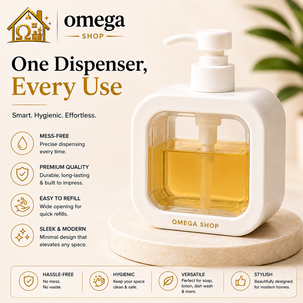 Omega Shop one dispenser, every use refillable pump bottle with a clear window showing yellow liquid, set on a marble coaster with promotional text and icons on a warm beige background.