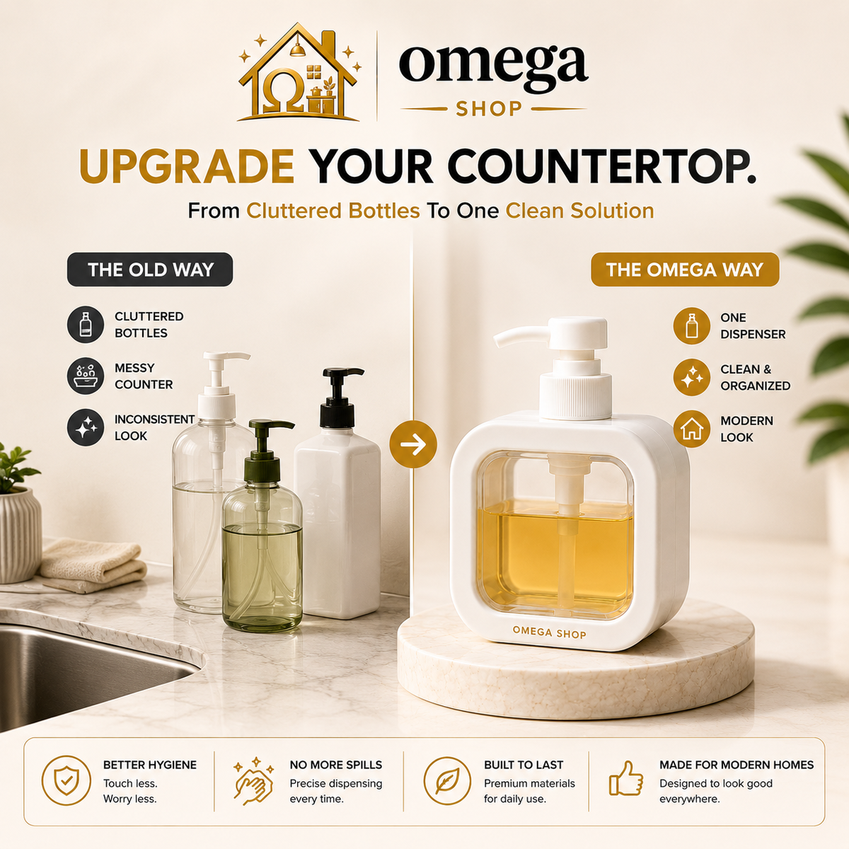 Omega Shop countertop dispenser set shown in a kitchen-like counter scene with a sink, bottles, and a large featured white pump dispenser filled with yellow liquid on a marble base. Text overlays compare the old messy countertop way with the new Omega Way style, and the Omega Shop logo appears at the top.