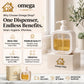 Omega Shop dispenser bottle with a white pump and clear window showing yellow liquid, displayed on a cream pedestal with promotional text and icons for kitchen and bathroom use.