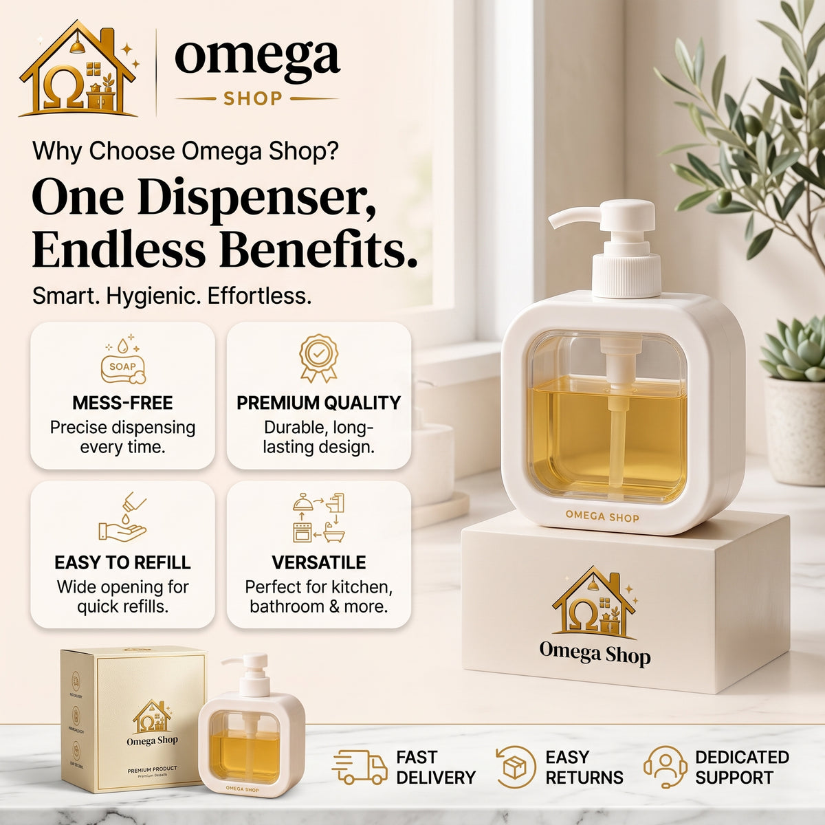 Omega Shop dispenser bottle with a white pump and clear window showing yellow liquid, displayed on a cream pedestal with promotional text and icons for kitchen and bathroom use.