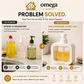 Omega Shop promotional graphic for a white dispenser bottle with a clear front window showing yellow liquid, shown alongside traditional soap bottles and benefit callouts on a beige background.
