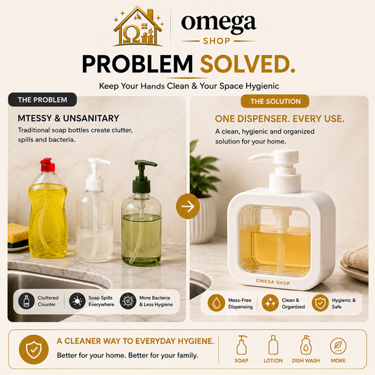 Omega Shop promotional graphic for a white dispenser bottle with a clear front window showing yellow liquid, shown alongside traditional soap bottles and benefit callouts on a beige background.