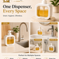 Omega Shop one dispenser, every space soap pump bottle shown in multiple real-world locations including a kitchen sink, bathroom faucet, washroom, and shower area. The dispenser has a white body with a clear front panel showing amber liquid inside, set against a warm beige promotional background with text and icons.