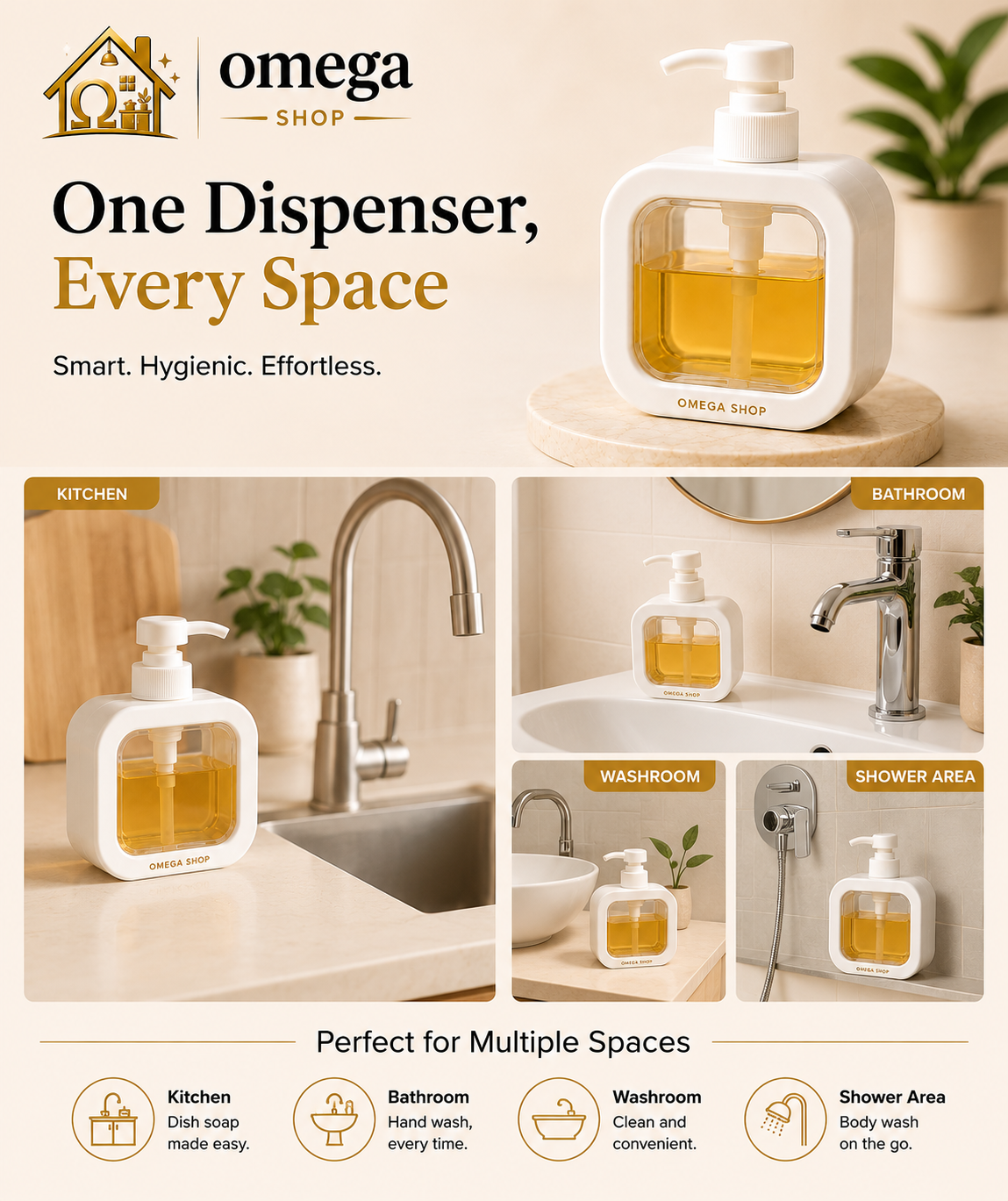 Omega Shop one dispenser, every space soap pump bottle shown in multiple real-world locations including a kitchen sink, bathroom faucet, washroom, and shower area. The dispenser has a white body with a clear front panel showing amber liquid inside, set against a warm beige promotional background with text and icons.