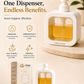 Omega Shop one dispenser endless benefits pump bottle in white with amber liquid, shown on a beige background with product features, packaging, and icons.