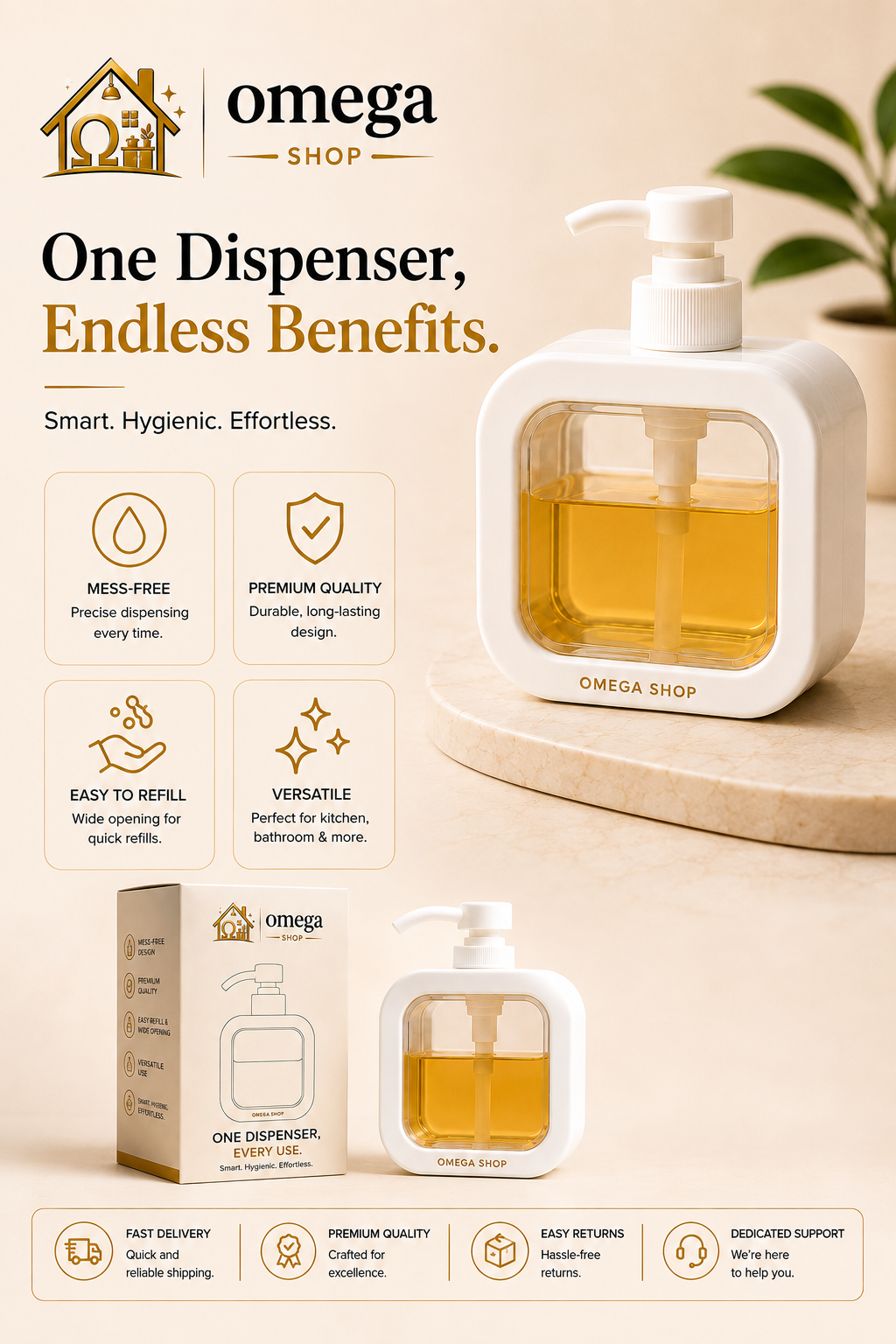 Omega Shop one dispenser endless benefits pump bottle in white with amber liquid, shown on a beige background with product features, packaging, and icons.