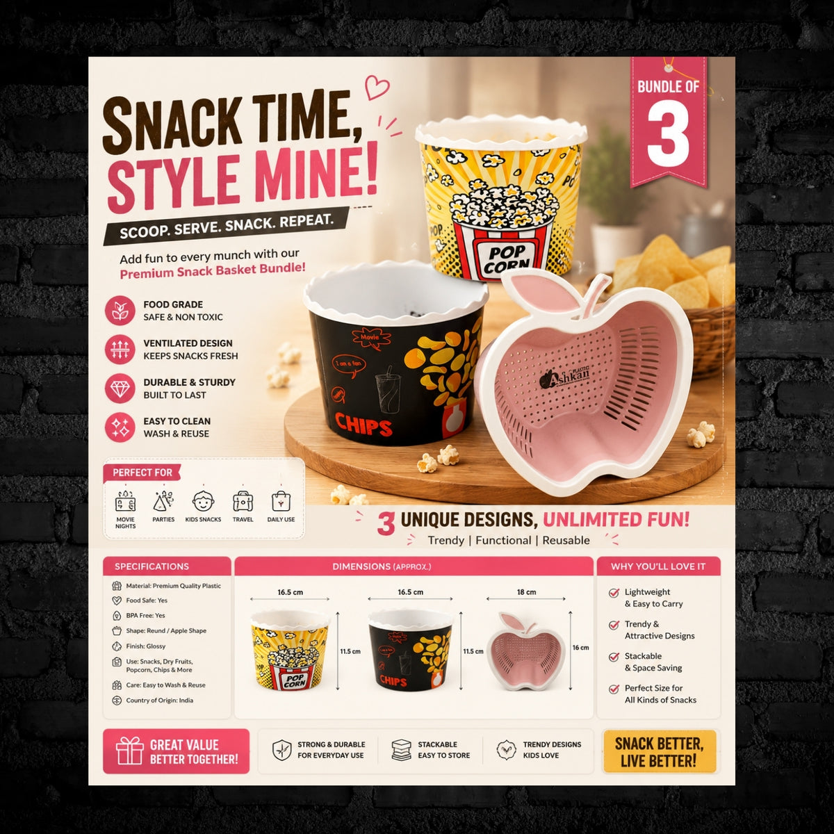 A promotional flyer for a snack basket bundle featuring three customizable plastic cups and a heart-shaped basket. The flyer includes text, icons, dimensions, and specifications on a white background with a dark textured border.